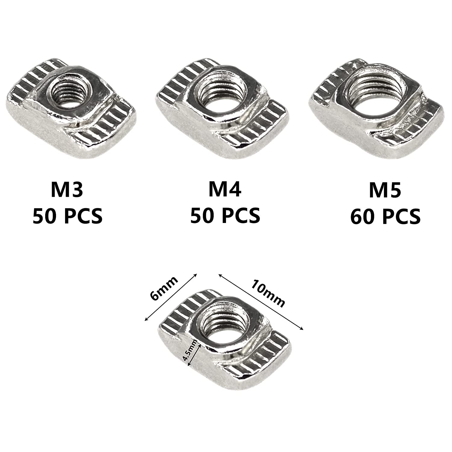160pcs M3, M4, M5 T-Nuts - Carbon Steel Aluminium Profile Connector T Fastener Hammer Head Sliding Nuts