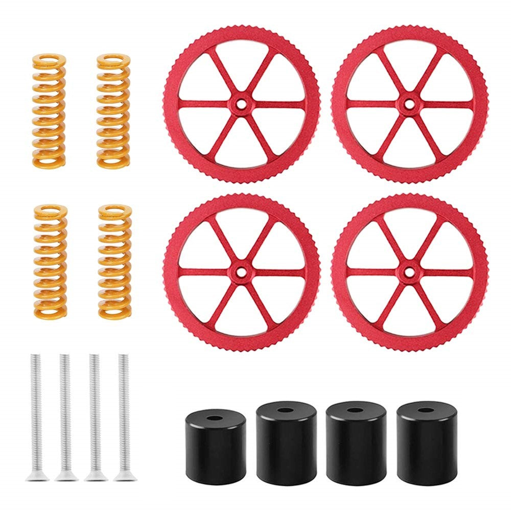 Heated Bed Leveling Accessories Kit - 4pcs Aluminium Hand Twist Nuts + 4pcs Yellow Compression Springs + 5pcs Silicone Spacers + 4pcs M4*35mm Screws