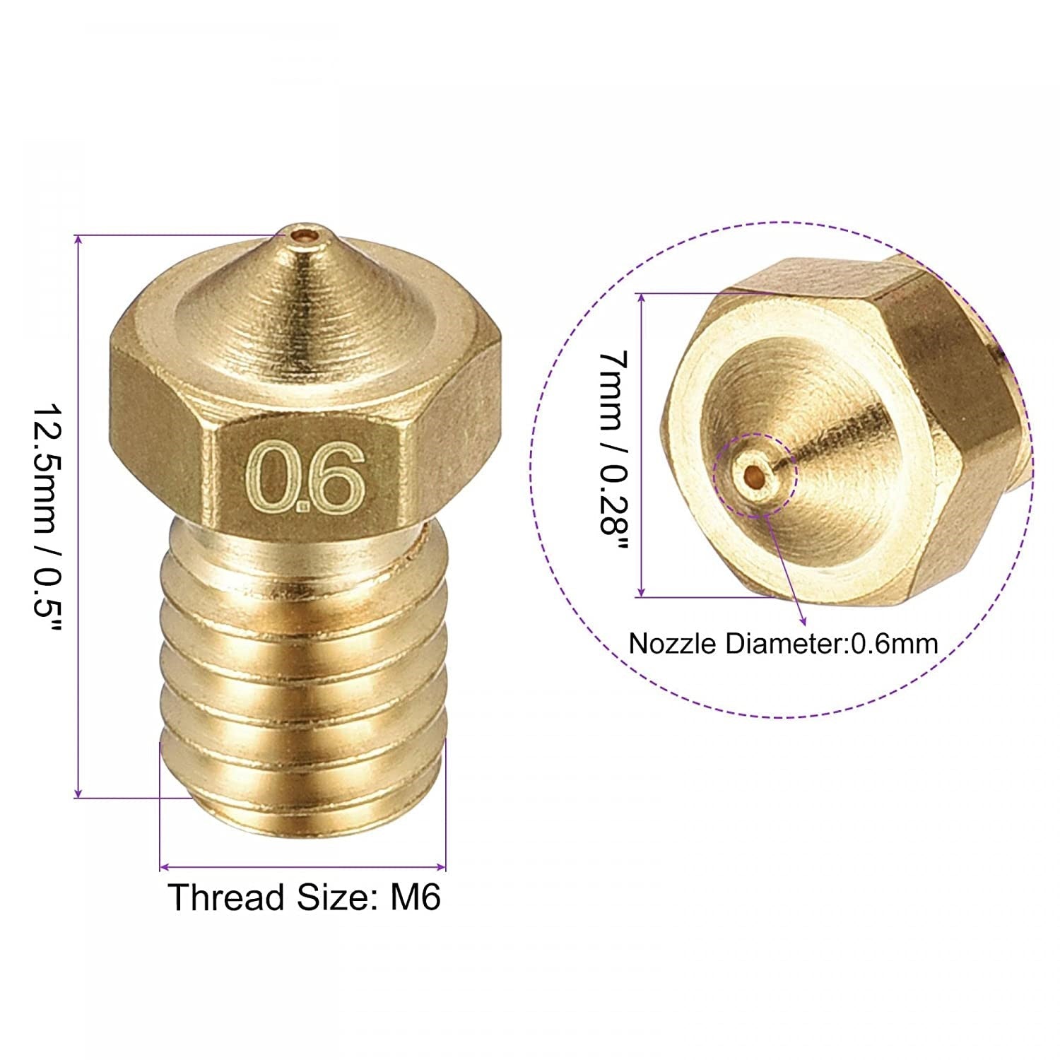 5pcs ANYCUBIC 0.6mm Brass Nozzles M6 Thread for 1.75mm Filament (Pack of 5)