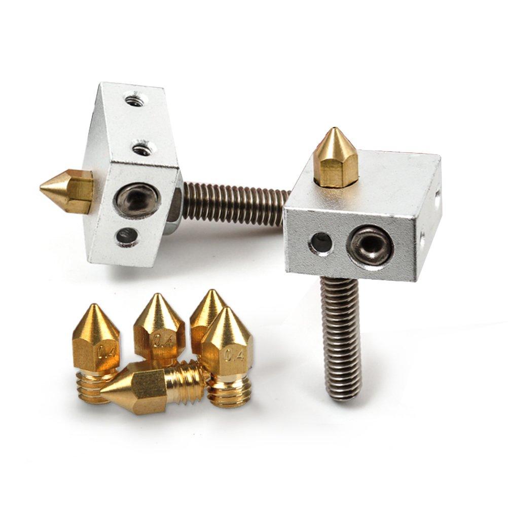 5pcs Heater Blocks + 5pcs 0.4mm Brass Nozzles + 5pcs 30mm Teflon Throat Pipe for 1.75mm Filament