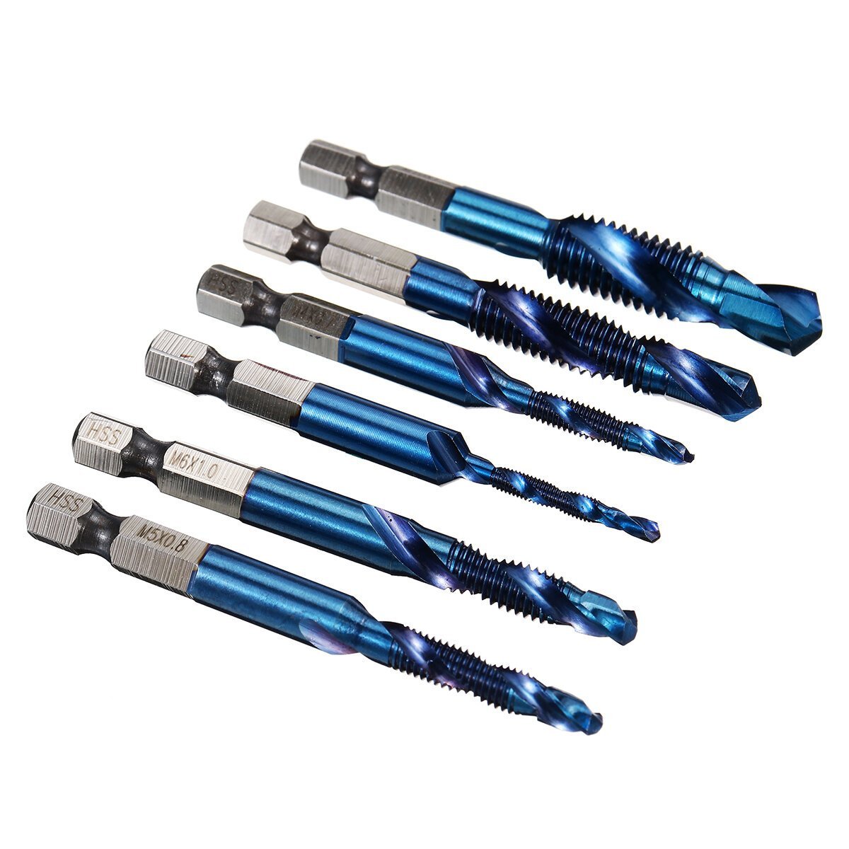 6pcs M3-M10 1/4 Inch Hex Shank Metric Thread Blue Nano Coated HSS Drill and Tap Bit Set