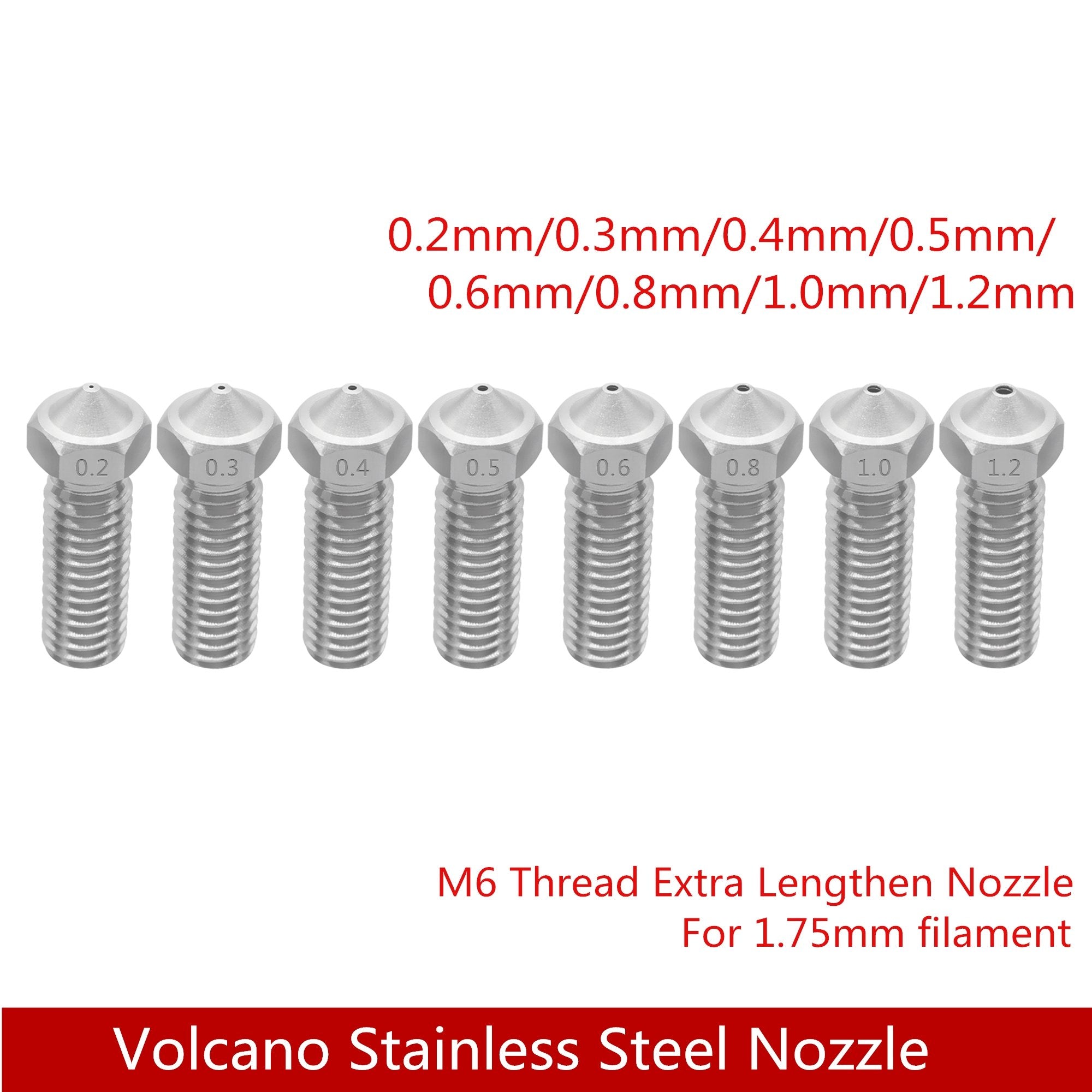 8pcs All-Metal Stainless Steel Volcano Nozzle M6 Thread Extra Length Nozzle 0.2-1.2mm