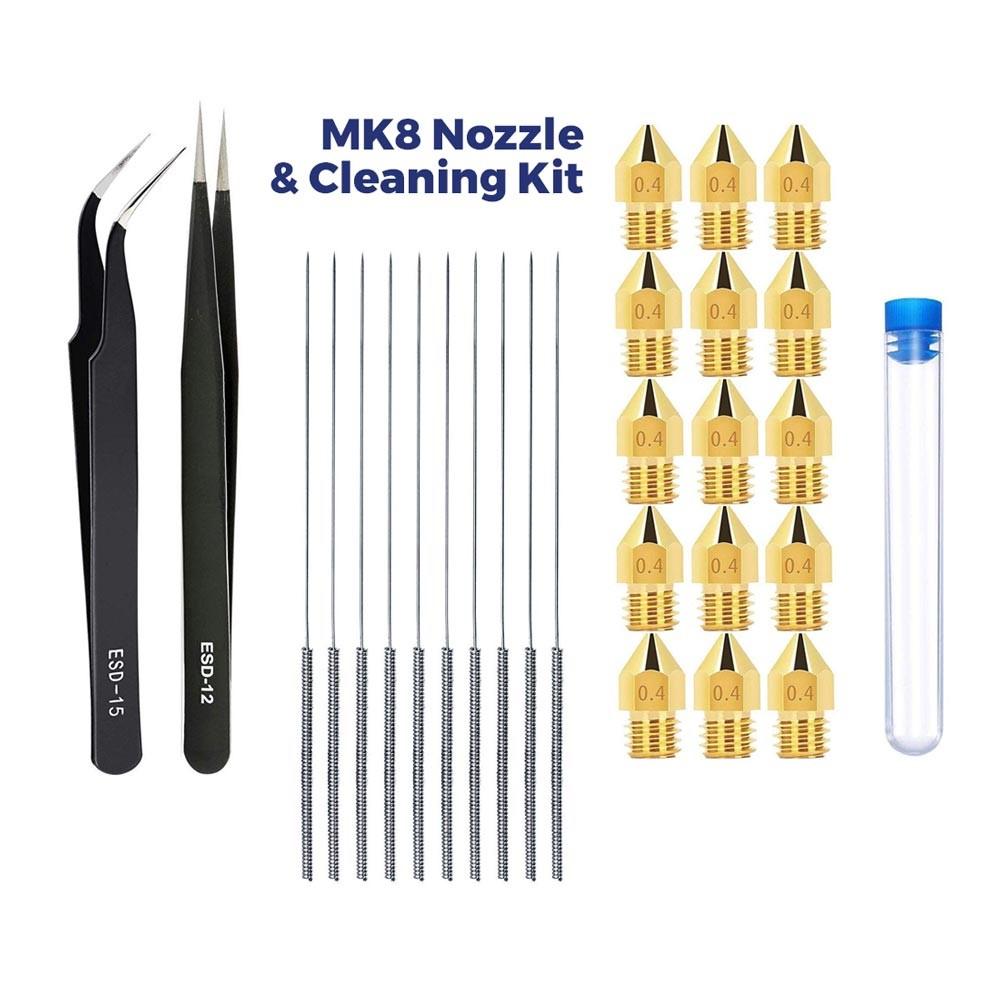 Nozzle Cleaning Tool Kit with Tweezers + 10pcs MK8 0.4mm Nozzles